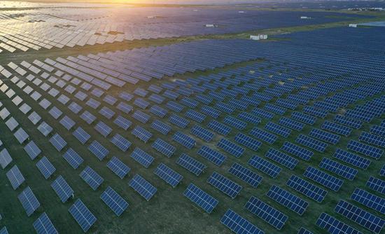 Aerial photo taken on July 7, 2020 shows a photovoltaic industrial park in Gonghe County of Hainan Tibetan Autonomous Prefecture in northwest China's Qinghai Province. (Xinhua/Zhang Hongxiang)