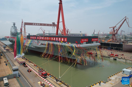 Photo taken on June 17, 2022 shows the launching ceremony of China's third aircraft carrier, the Fujian, in east China's Shanghai. The carrier, named after Fujian Province, was completely designed and built by the country. (Xinhua/Li Gang)