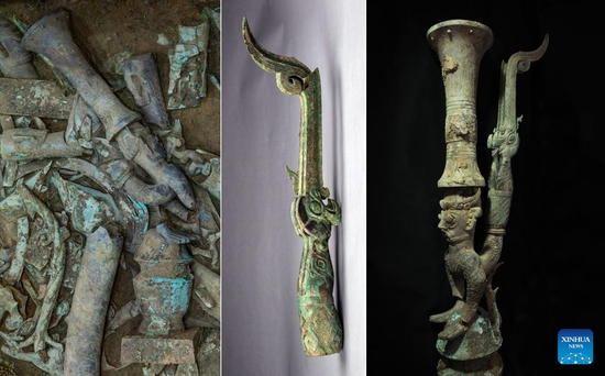 Combo photo shows scattered parts of a newly unearthed bronze sculpture (L) at the No. 8 sacrificial pit at the Sanxingdui Ruins site (photo taken by Xinhua journalist Shen Bohan on June 1, 2022); a bronzeware part (C) that was unearthed from the No. 2 sacrificial pit in 1986 (photo taken on June 15, 2022 and provided by Sanxingdui Museum); and the combination of the two parts (photo taken by Lu Haizi on June 15, 2022), in southwest China's Sichuan Province.