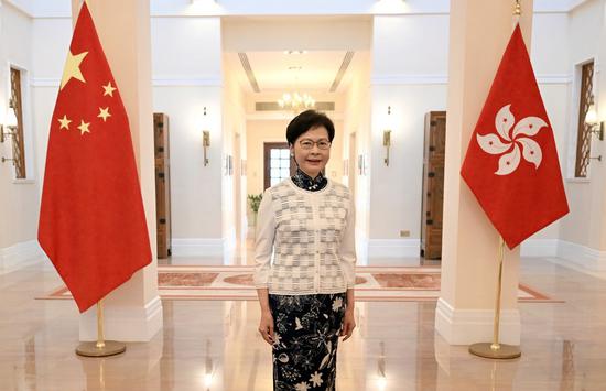 Photo taken on June 12, 2022 shows Chief Executive of the Hong Kong Special Administrative Region Carrie Lam at the Government House in Hong Kong, south China. (Xinhua/Jin Liangkuai)
