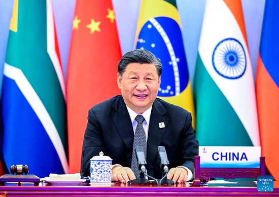 Chinese President Xi Jinping hosts the 14th BRICS Summit via video link in Beijing, capital of China, June 23, 2022. (Xinhua/Li Xueren)

mit. 