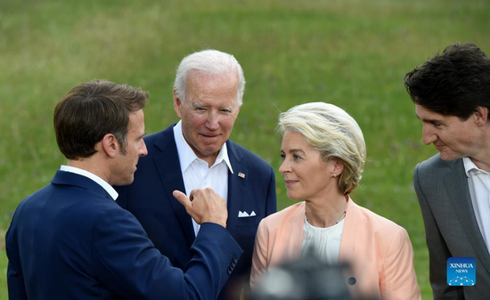 (From L to R) French President Emmanuel Macron, U.S. President Joe Biden, European Commission President Ursula von der Leyen and Canadian Prime Minister Justin Trudeau are pictured during the Group of Seven (G7) Summit in Schloss Elmau in south Germany's Bavarian Alps on June 26, 2022. Leaders of the G7 kicked off their three-day annual summit on Sunday in Schloss Elmau in south Germany's Bavarian Alps amid lower expectations and protests. (Xinhua/Guo Chen)