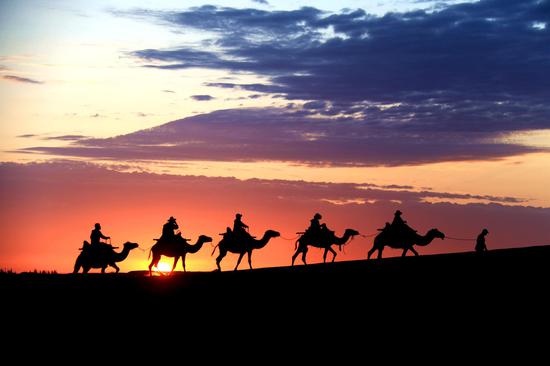 Visitors enjoy sun-rise scenery on camels' back in Dunhuang