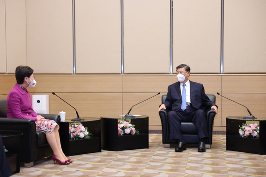 Chinese President Xi Jinping meets with Chief Executive of the Hong Kong Special Administrative Region (HKSAR) Carrie Lam in Hong Kong, south China, June 30, 2022. (Xinhua/Liu Bin)