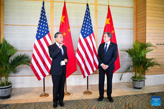 Chinese State Councilor and Foreign Minister Wang Yi (L) meets with U.S. Secretary of State Antony Blinken, a day after the Group of 20 (G20) foreign ministers' meeting, in Bali, Indonesia, July 9, 2022. (Xinhua/Xu Qin)