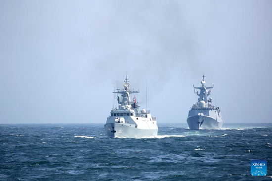 Photo taken on July 12, 2022 shows a maritime drill held by navies of China and Pakistan. Navies of China and Pakistan concluded a four-day joint maritime exercise codenamed Sea Guardians-2 on Wednesday. (Photo by Wang Guixian/Xinhua)