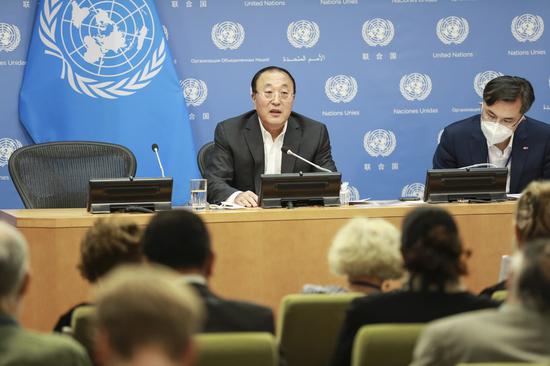 Zhang Jun, China's permanent representative to the United Nations, speaks at a press briefing on China's Security Council presidency for the month of August at UN Headquarters in New York on Aug. 1, 2022. (Xinhua/Xie E)