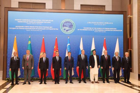 Chinese State Councilor and Foreign Minister Wang Yi attends the meeting of the Council of Foreign Ministers of the Shanghai Cooperation Organization (SCO) in Tashkent, Uzbekistan, July 29, 2022. (China's Ministry of Foreign Affairs/Handout via Xinhua)