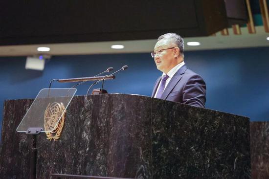 Photo posted on Aug. 2, 2022 shows Fu Cong, director-general of the Department of Arms Control of the Chinese Foreign Ministry, speaking at the 10th Review Conference of the Parties to the Treaty on the Non-Proliferation of Nuclear Weapons at the UN headquarters in New York. (Photo credit: Twitter account of Fu Cong)