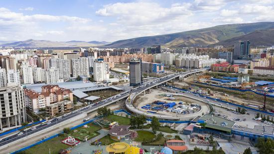 Aerial photo taken on Sept. 16, 2019 shows the China-funded overpass in Ulan Bator, Mongolia. (Photo by Xu Bin/Xinhua)