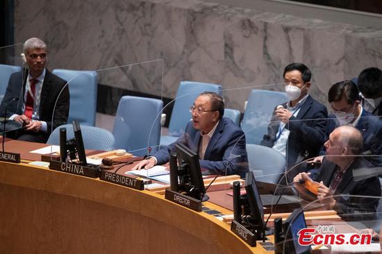 Zhang Jun, China's permanent representative to the United Nations and president of the UN Security Council for August, speaks at a Security Council open debate convened by China on the theme 