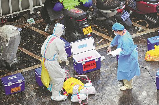 Medical workers sort nucleic acid samples at a testing site in Sanya, Hainan province, on Monday. (Photo by Sha Xiaofeng/for China Daily)