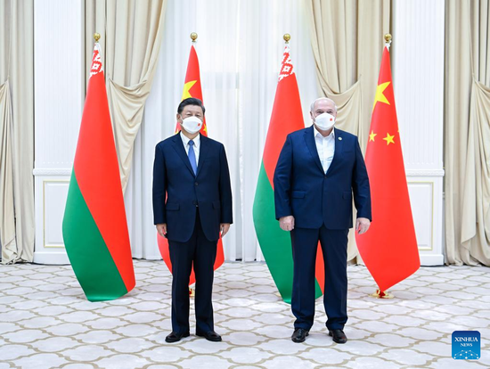 Chinese President Xi Jinping meets with Belarusian President Alexander Lukashenko at Forumlar Majmuasi Complex in Samarkand, Uzbekistan, Sept. 15, 2022. (Xinhua/Zhai Jianlan)