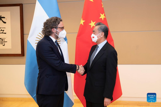 Chinese State Councilor and Foreign Minister Wang Yi meets with Argentine Foreign Minister Santiago Cafiero on the sidelines of the ongoing 77th session of the UN General Assembly in New York, the United States, Sept. 20, 2022. (Photo by Liao Pan/Xinhua)
