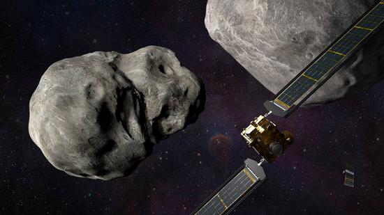 The Illustration posted on Aug. 26, 2022 shows NASA's Double Asteroid Redirection Test (DART) spacecraft and the Italian Space Agency's LICIACube prior to impacting a target asteroid. (Credit: NASA)
