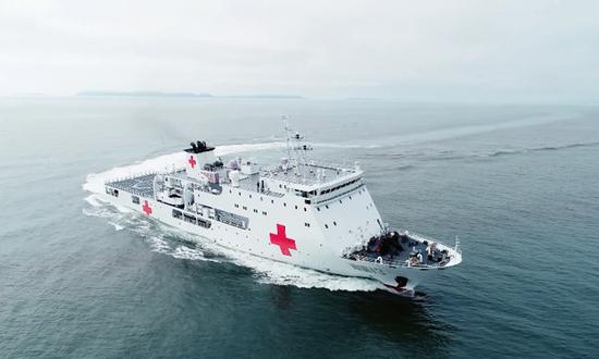 The Nanyi 13 hospital ship enters naval service at a naval port in Yongshu Reef in the South China Sea on November 30, 2020. (Photo/Screenshot from China Central Television)

