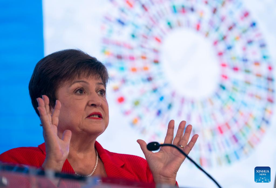 IMF Managing Director Kristalina Georgieva speaks at a press conference in Washington, D.C., the United States, on Oct. 13, 2022. Emerging markets and developing countries are being hit by a stronger dollar, high borrowing costs, and capital outflows -- a triple blow particularly heavy for countries that are under a high level of debt, the chief of the International Monetary Fund (IMF) said Thursday. (Photo: Xinhua/Liu Jie)