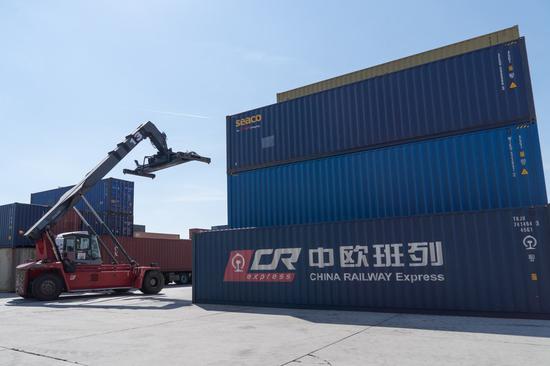 A container of China Railway Express is seen at the Csepel Freeport Logistics Park in Budapest, Hungary on April 12, 2022. (Photo by Attila Volgyi/Xinhua)