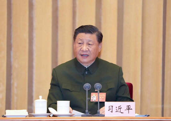 Xi Jinping, general secretary of the Communist Party of China (CPC) Central Committee, Chinese president and chairman of the Central Military Commission, attends a meeting of leading military cadres and delivers an important speech in Beijing, capital of China, Oct. 24, 2022. (Xinhua/Li Gang)