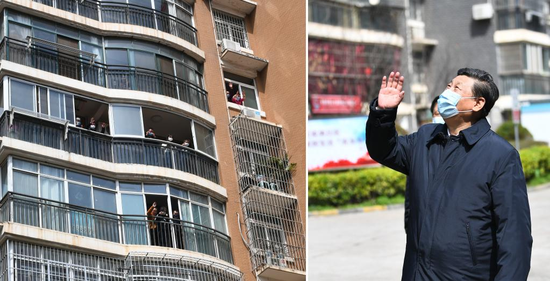 This combo photo shows Xi Jinping waving to residents who are quarantined at home and sending regards to them at a community in Wuhan, central China's Hubei Province, March 10, 2020. (Xinhua/Xie Huanchi)