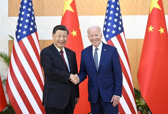 Chinese President Xi Jinping meets with U.S. President Joe Biden in Bali, Indonesia, Nov. 14, 2022. (Xinhua/Li Xueren)