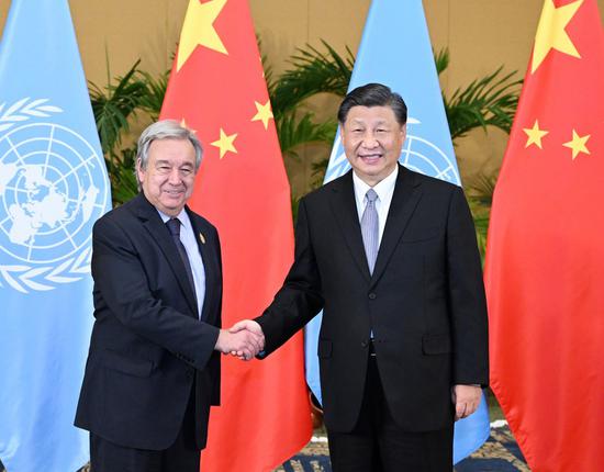 Chinese President Xi Jinping meets with UN Secretary-General Antonio Guterres in Bali, Indonesia, Nov. 16, 2022. (Xinhua/Yan Yan)