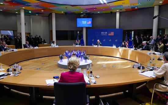 President Joe Biden speaks while attending the United States-European Union Summit at the European Council in Brussels, Tuesday, June 15, 2021, as Secretary of State Antony Blinken looks on. (Photo/Agencies)

