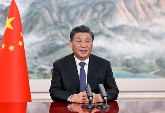 Chinese President Xi Jinping addresses via videolink the opening ceremony of the high-level segment of the second part of the 15th meeting of the Conference of the Parties to the Convention on Biological Diversity (COP15), held in Canada's Montreal, on Dec. 15, 2022. (Xinhua/Li Xueren)