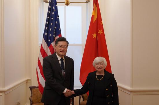 Chinese Ambassador to the United States Qin Gang meets with U.S. Secretary of the Treasury Janet Yellen on Dec. 15, 2022. (Photo credit: Embassy of the People's Republic of China in the United States)
