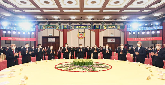 Leaders of the Communist Party of China and the state Xi Jinping, Li Keqiang, Li Zhanshu, Wang Yang, Li Qiang, Zhao Leji, Wang Huning, Cai Qi, Ding Xuexiang, Li Xi and Wang Qishan attend the New Year gathering organized by the National Committee of the Chinese People's Political Consultative Conference (CPPCC) in Beijing, capital of China, Dec. 30, 2022. The leaders also watched a performance at the gathering. (Xinhua/Li Xueren)