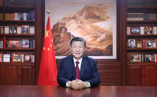 Chinese President Xi Jinping delivers a New Year address Saturday evening in Beijing to ring in 2023. (Xinhua/Ju Peng)