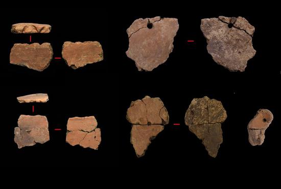 This undated photo shows pottery shreds unearthed from an ancient hominid site in Zhaojiaxuyao Village of Zibo City, east China's Shandong Province.(Shandong provincial cultural relics and archaeology research institute/Handout via Xinhua)