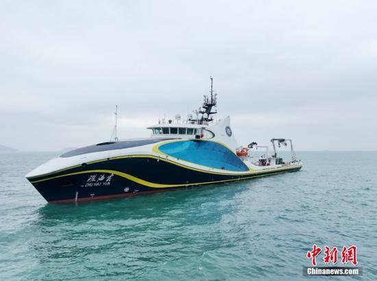 The world’s first intelligent unmanned scientific research vessel Zhu Hai Yun conducts sea trials in Zhuhai, south China's Guangdong Province, Jan. 12, 2023.  (Photo/Provided to China News Service)