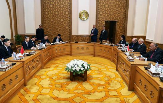 Chinese Foreign Minister Qin Gang (L) holds talks with Egyptian Foreign Minister Sameh Shoukry in Cairo, Egypt, Jan. 15, 2023. (Xinhua/Wang Dongzhen)