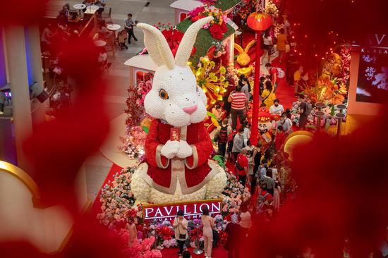 Rabbit shaped decorations are seen at a mall to greet the coming Chinese Lunar New Year in Kuala Lumpur, Malaysia, Jan. 7, 2023. (Photo by Chong Voon Chung/Xinhua)