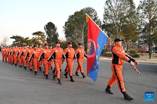 Members of a Chinese rescue team head for Türkiye for rescue operation, Feb. 7, 2023. (Photo/Xinhua) 