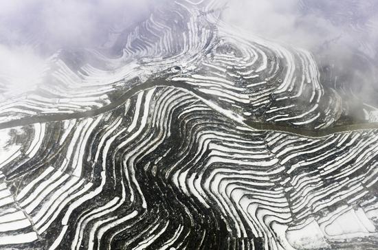 Snow-covered terraced field in Hebei
