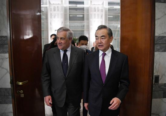 Wang Yi, director of the Office of the Foreign Affairs Commission of the Communist Party of China (CPC) Central Committee, meets with Italian Deputy Prime Minister and Minister of Foreign Affairs Antonio Tajani in Rome, Italy on Feb 16, 2023. (Photo/Xinhua)
