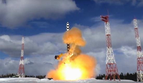 In this image from video provided by the Russian Defense Ministry, the Sarmat intercontinental ballistic missile blasts off during a test launch from the Plesetsk launch pad in northwestern Russia, March 30, 2018.