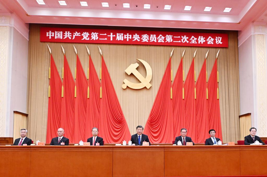 Xi Jinping, Li Qiang, Zhao Leji, Wang Huning, Cai Qi, Ding Xuexiang and Li Xi attend the second plenary session of the 20th Communist Party of China (CPC) Central Committee in Beijing, capital of China. The plenary session was held from Feb. 26 to 28, 2023. (Xinhua/Xie Huanchi)