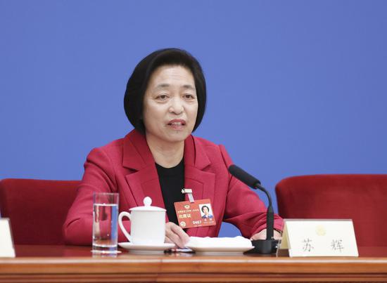 Su Hui, chairperson of the Central Committee of the Taiwan Democratic Self-Government League, speaks at a press conference during the first session of the 14th National Committee of the Chinese People's Political Consultative Conference (CPPCC) at the Great Hall of the People in Beijing, capital of China, March 5, 2023. (Xinhua/Cao Can)