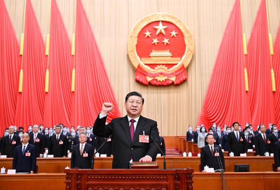 Xi Jinping, newly elected president of the People's Republic of China (PRC) and chairman of the Central Military Commission of the PRC, makes a public pledge of allegiance to the Constitution at the Great Hall of the People in Beijing, March 10, 2023. (Xinhua/Xie Huanchi)