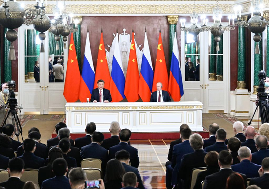 Chinese President Xi Jinping and Russian President Vladimir Putin jointly meet the press after their talks at the Kremlin in Moscow, Russia, March 21, 2023. Xi on Tuesday held talks with Putin in Moscow. (Xinhua/Shen Hong)