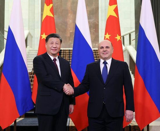 Chinese President Xi Jinping meets with Russian Prime Minister Mikhail Mishustin in Moscow, Russia, March 21, 2023. (Xinhua/Ding Haitao)
