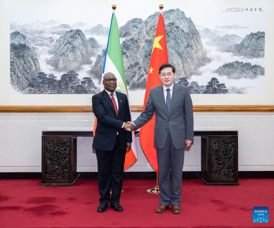 Chinese State Councilor and Foreign Minister Qin Gang meets with his Equatorial Guinean counterpart Simeon Oyono Esono Angue in Beijing, capital of China, March 23, 2023. (Xinhua/Zhai Jianlan)