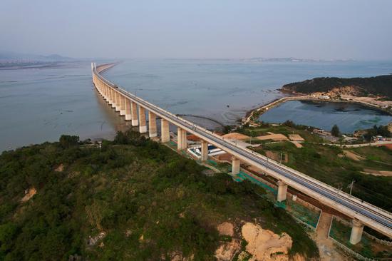 Aerial view of Meizhou Bay cross-sea bridge in Fujian