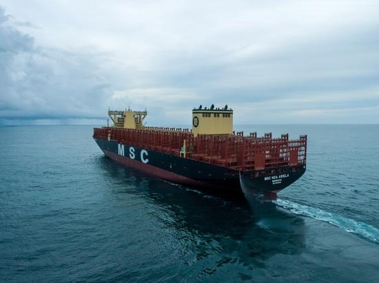 A photo shows MSC NOA ARIEILA, the largest container vessel in South China, being delivered for use in Nansha district of Guangzhou on Monday. (Provided to chinadaily.com.cn)
