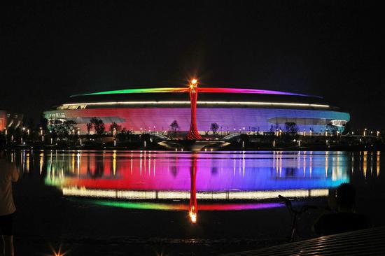 Chengdu Universiade Torch Tower lights up at night