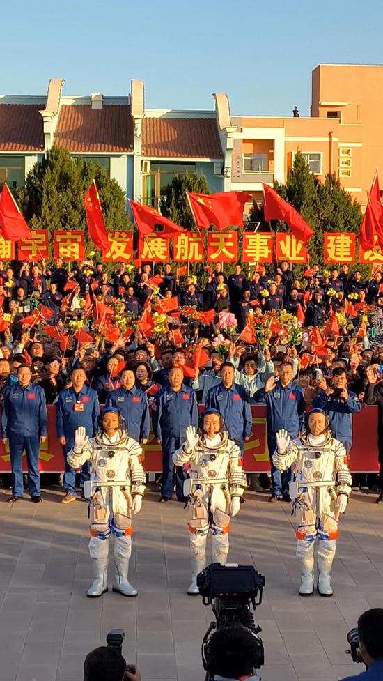 A see-off ceremony for three Chinese astronauts of the Shenzhou XVII crewed space mission is held at the Jiuquan Satellite Launch Center in Northwest China, Oct. 26, 2023. (Photo by Zhao Lei/chinadaily.com.cn)