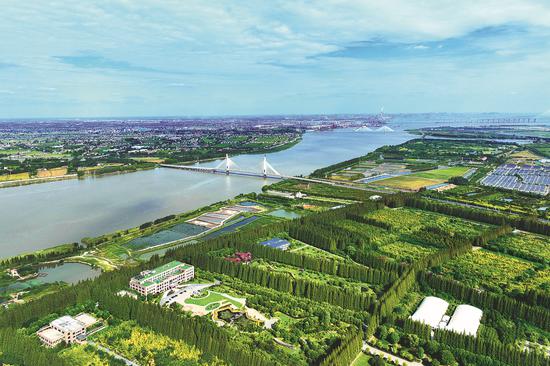 An aerial view of the scenery along the Yangtze River in Nantong, Jiangsu province, in September. (Photo by Wu Shujian/For China Daily)